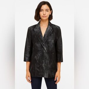 ALEXANDER WANG Long Wool Double-Breasted Jacket with Leather Sleeves Size 2
